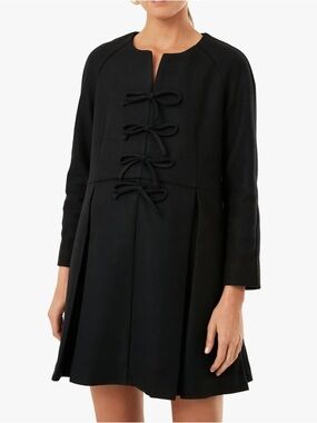 Tuckernuck Blair Dress Black Bow Front Long Sleeve Fit Flare Size L NWT